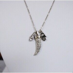 Rhinestone Horn Skull Pendant Necklace Silver Tone